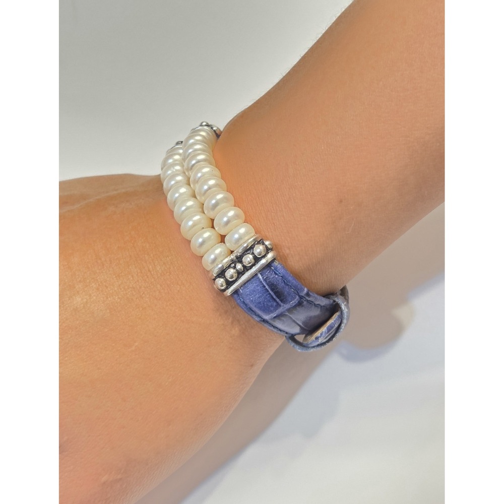 Vintage Genuine Honora 8mm Double Row Button Pearl Blue Leather Buckle Bracelet